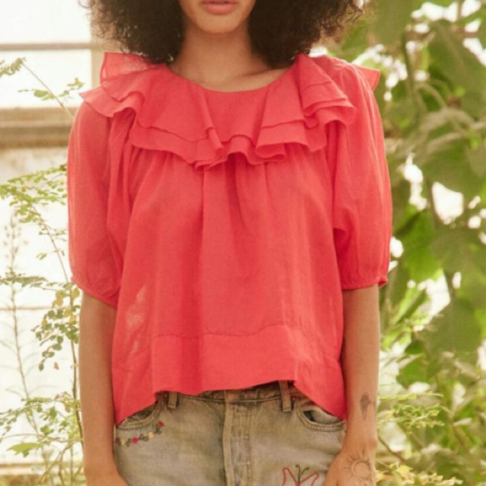 NWT $248 The Great The Sunrise Ruffled Cotton-Voile Red Short Sleeve Blouse - Picture 3 of 10
